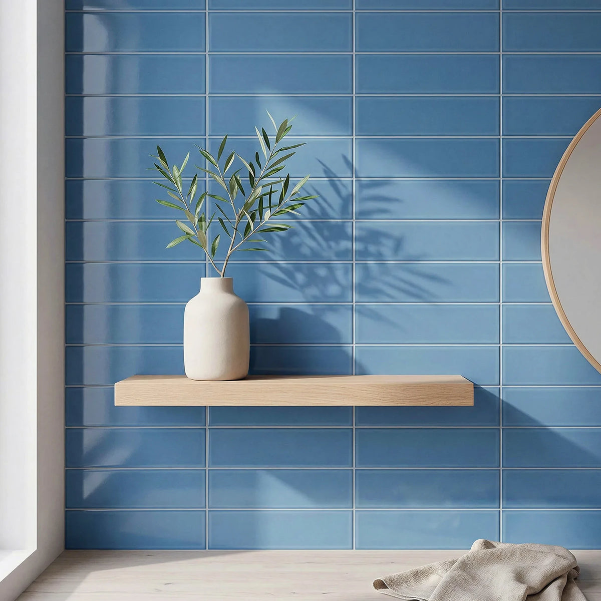 Estudio Cerámico Metropolis 'Light Blue', lichtblauwe wandtegels in een hoek met een houten plank en een witte vaas