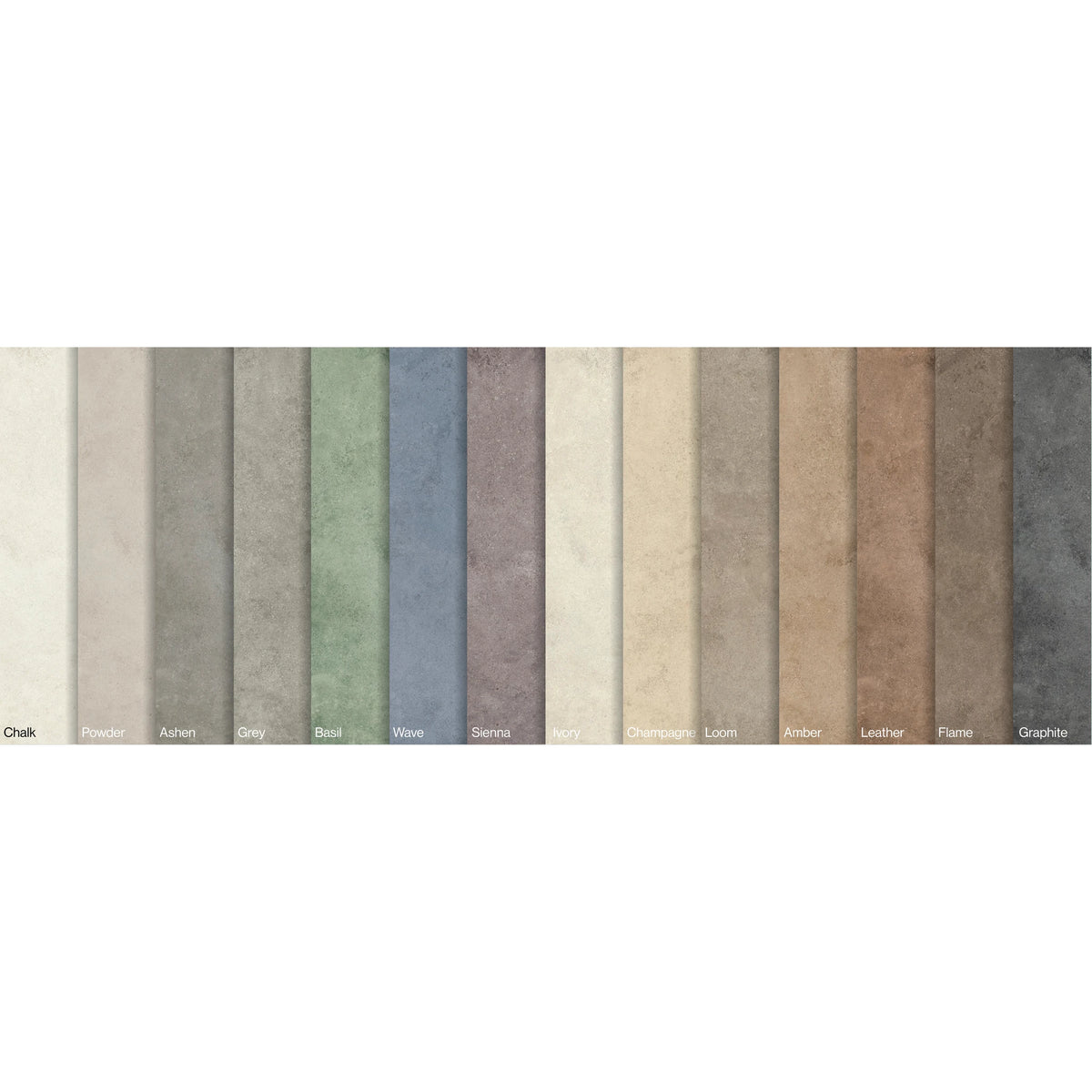 EnergieKer Miro 'Chalk Spaccatella', kleurenoverzicht van de serie met alle kleuren en hun namen