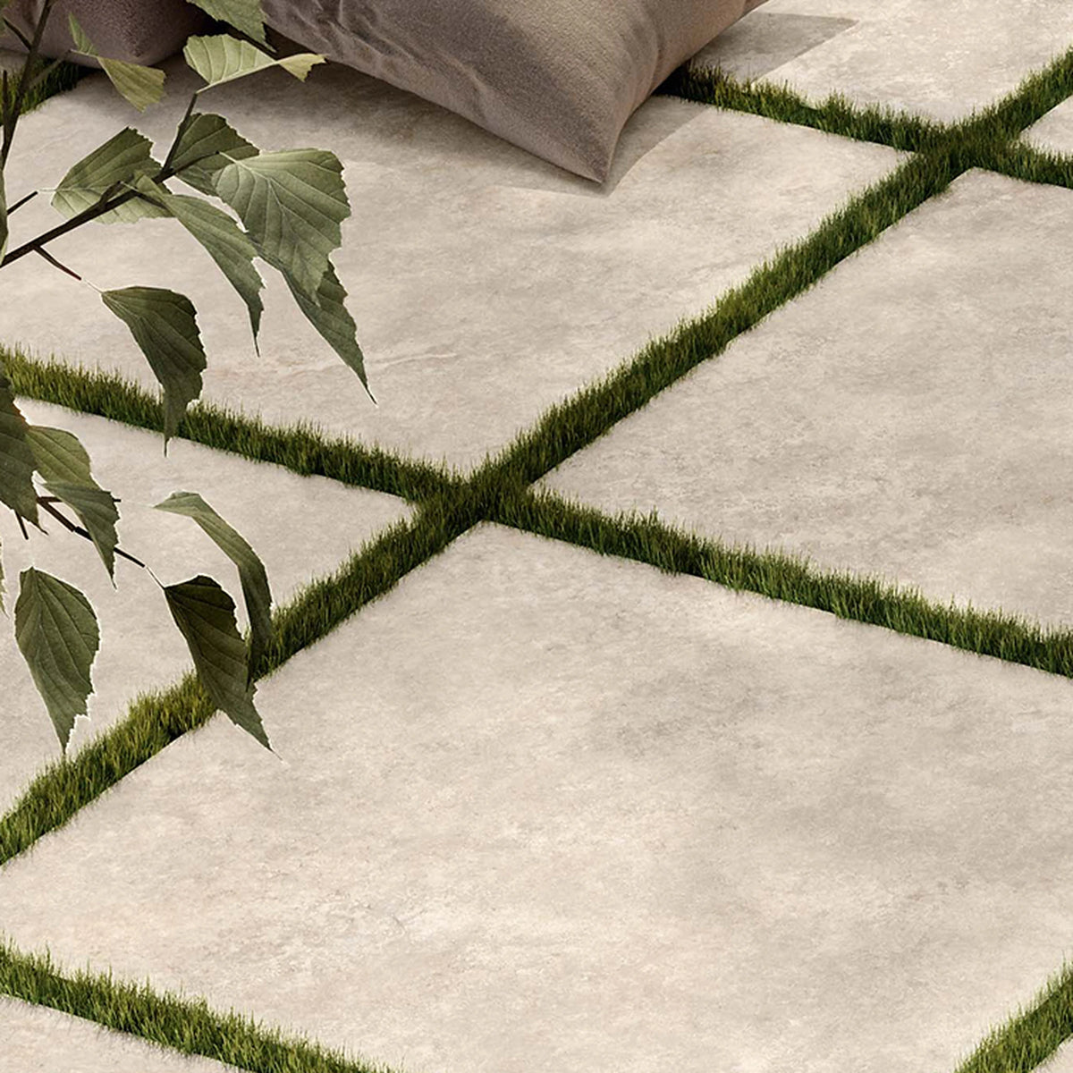 Casalgrande Padana Pietra Tiburtina 'Campidoglio Anticata Cross', buitenvloer in Cross Grip 60x60 met gras in de voegen
