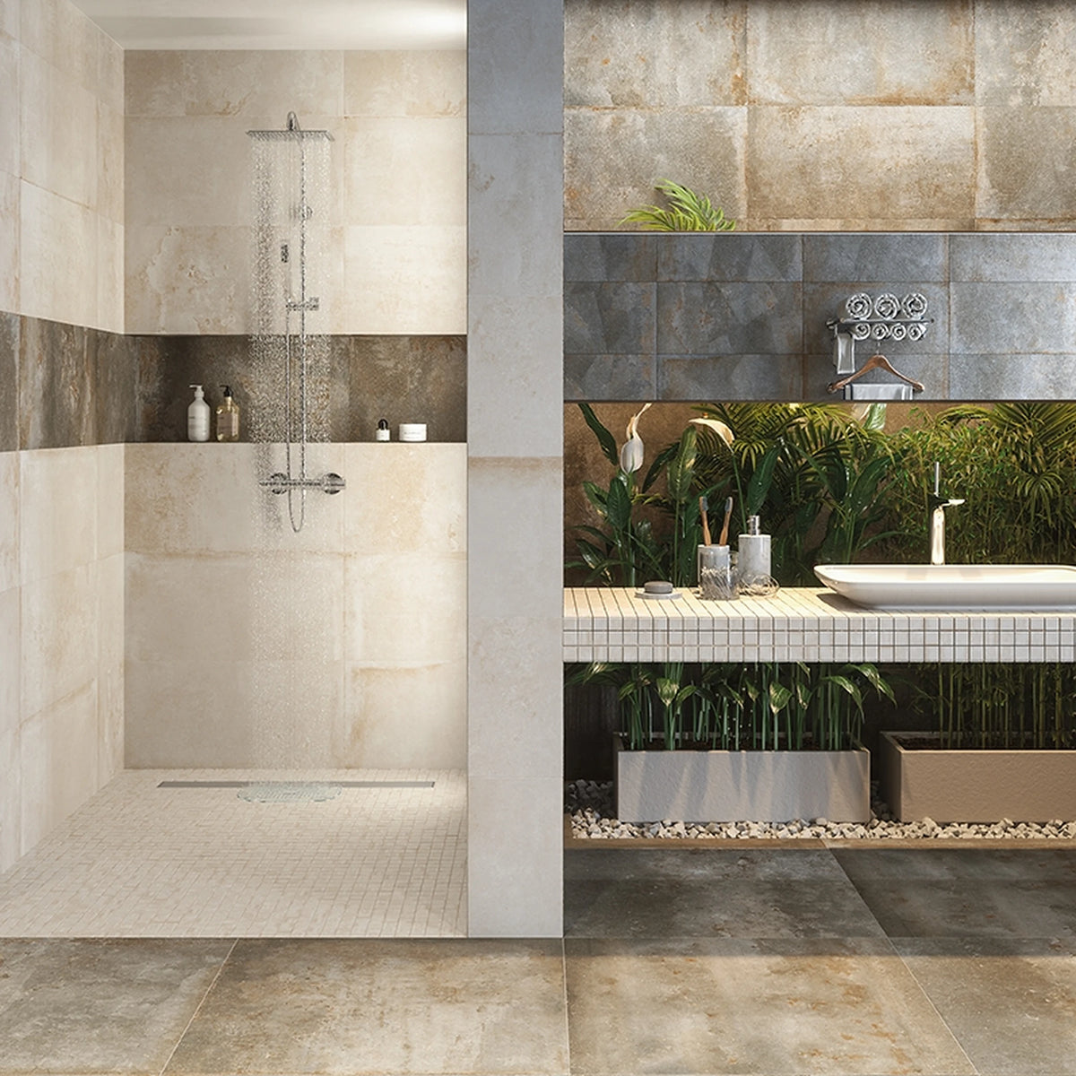 Keraben Rue de Paris 'Cobre', badkamer met beige wandtegels 37x75 en koperbruine vloertegels 75x75