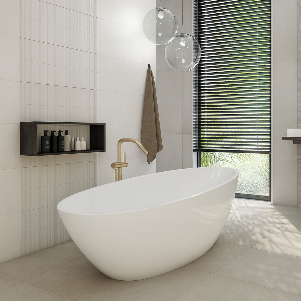 Cerpa Cerámica Space 'Decor Gris', lichtgrijze wandtegels met verticaal reliëf in een badkamer met vrijstaand bad