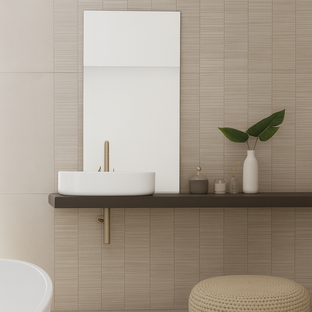 Cerpa Cerámica Space 'Decor Perla', beige-grijze wandtegels met verticaal reliëf rond een wastafelblad