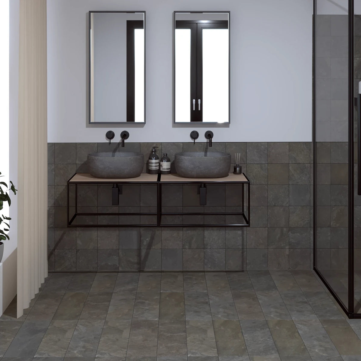 Estudio Cerámico Stone Peak 'Iron', badkamer met bruine wandtegels 15x15 en vloertegels 15x50